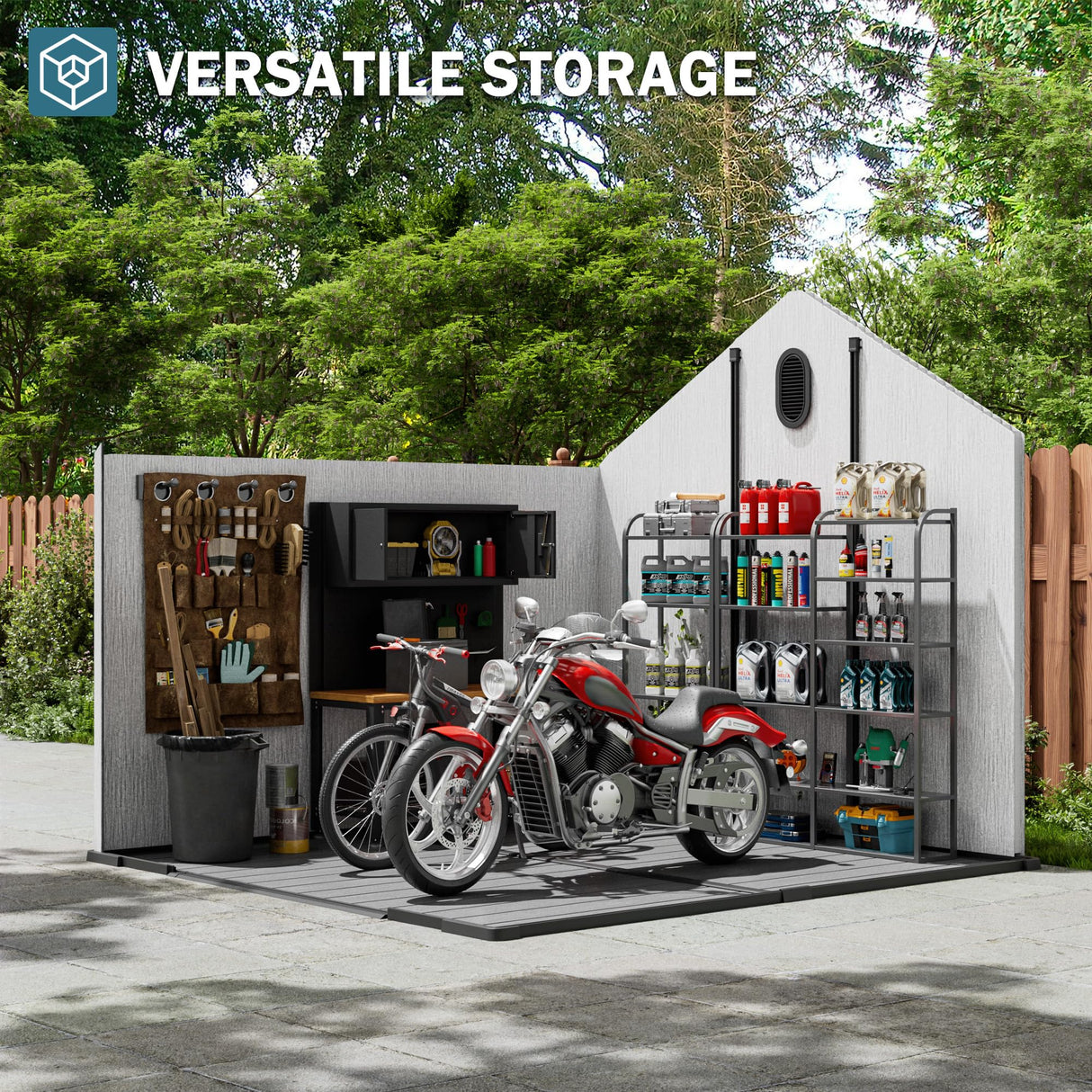 Amopatio Outdoor Storage Shed,8x10 Resin Shed with Floor Included, Outside Sheds Storage Waterproof for Bike, Tools, Garden, Backyard Amopatio