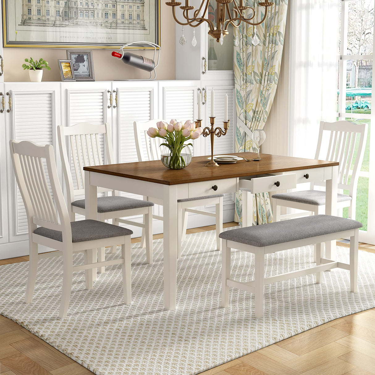 Harper & Bright Designs 6 Piece Wooden Dining Table Set with 4 Upholstered Dining Chair and Bench, Kitchen Table Set with Drawer, Family Dining Furniture for 6 People (Butter Milk) Harper & Bright Designs