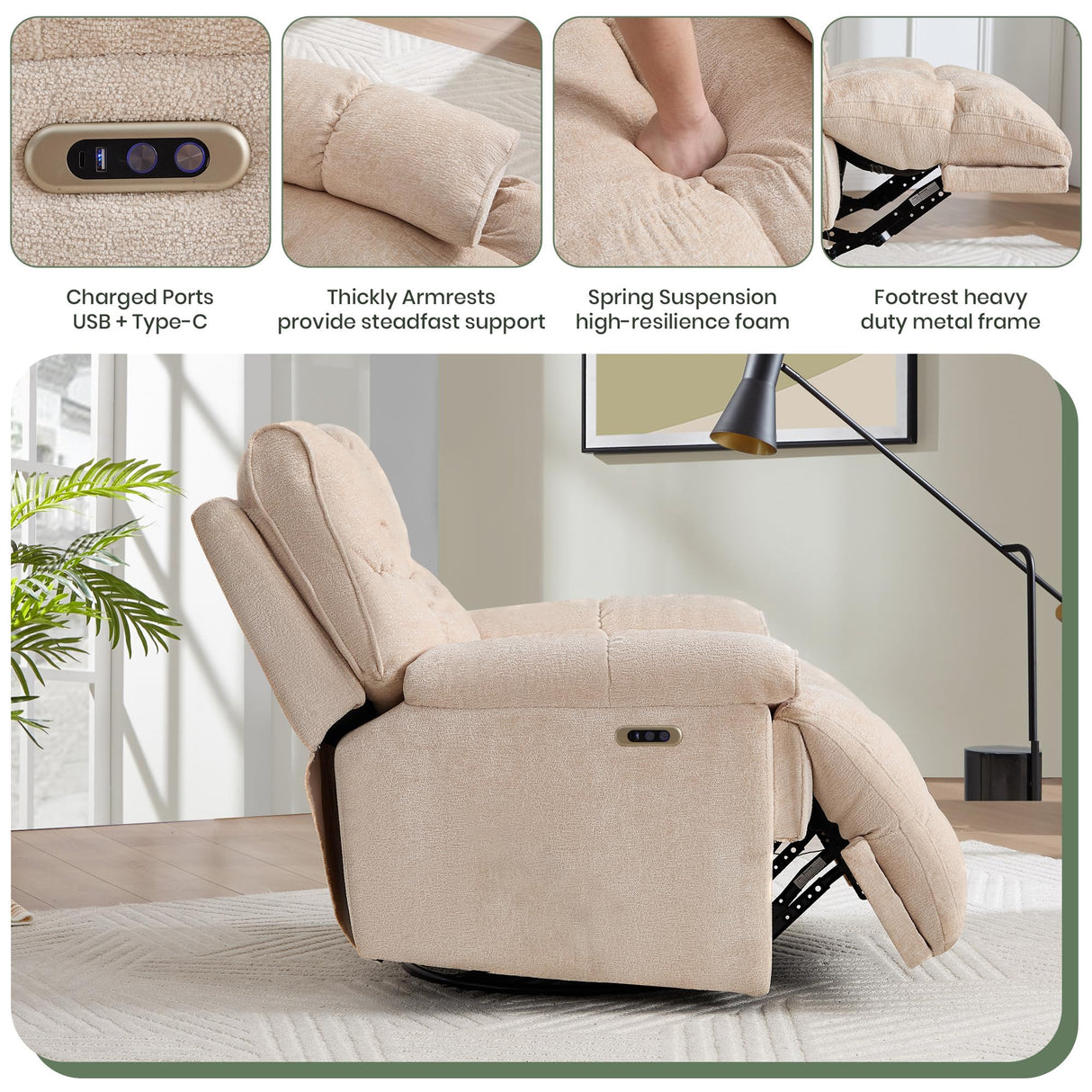 VIKAYAMICS Oversized Rocker Recliner Chair 42” Power Swivel Recliner for Living Room Overstuffed Extra Wide Rocking Recliners with Breathable Soft Fabric Up to 400lbs(Power Beige) VIKAYAMICS