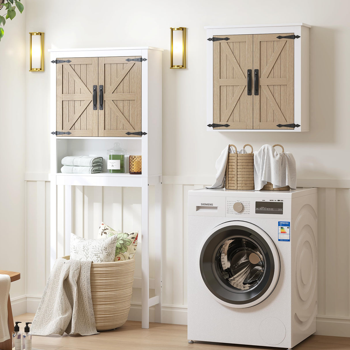 Spirich Over The Toilet Storage Cabinet, Farmhouse Over Toilet Bathroom Organizer with Wood Grain Barn Doors and Adjustable Shelves Spirich