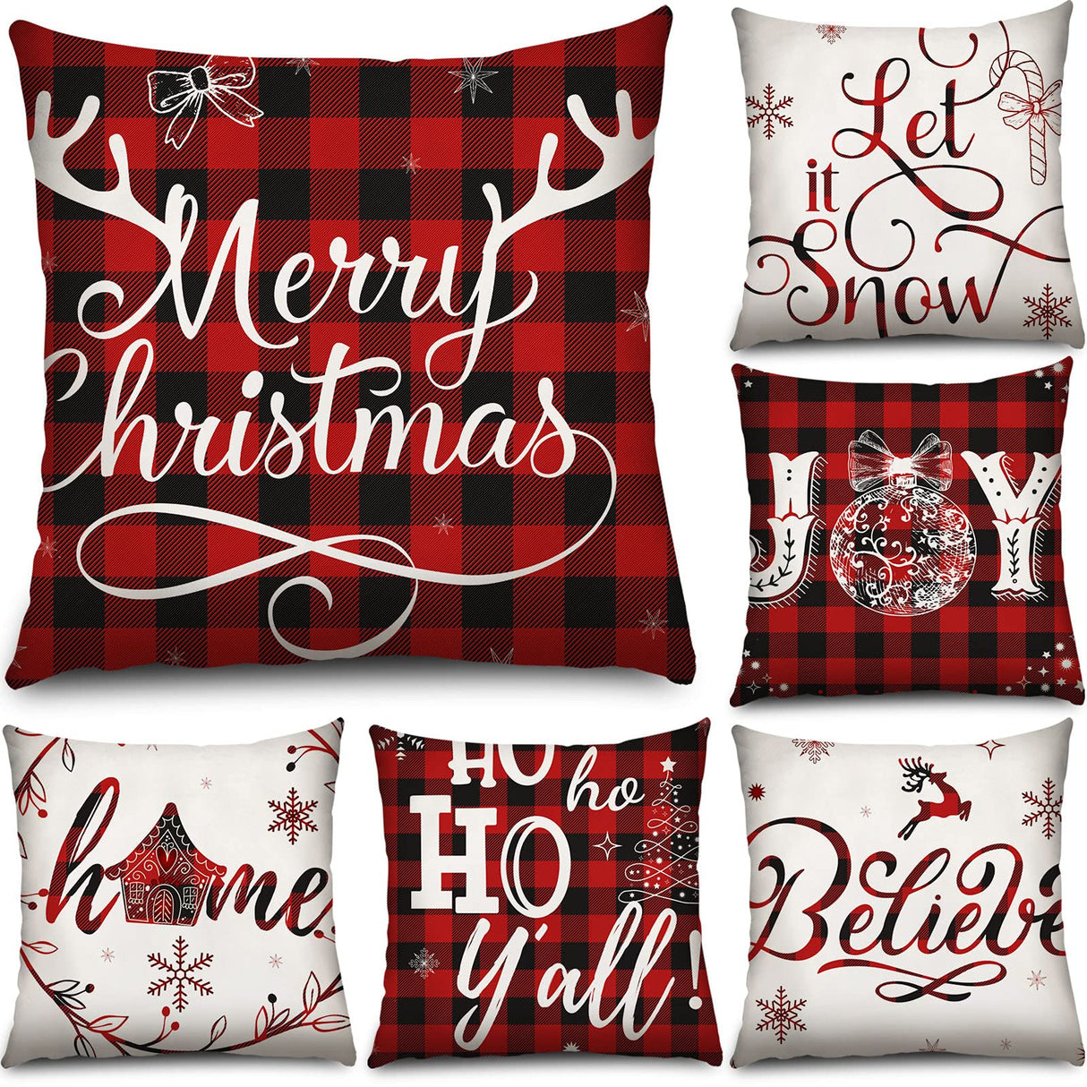 6 Pieces Christmas Pillow Covers 18 x 18 Inch Buffalo Plaid Cushion Case Christmas Pillow Case Holiday Throw Pillow Cover for Xmas Winter Sofa Couch Bedroom Decorations (Red, Black) Tatuo