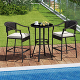 RELAX4LIFE 3-Piece Outdoor Bar Set - Patio Wicker Rattan Bar Height Barstools w/Cushions, Footrest, Round Glass Top Table, High Top Bistro Table & Chairs Set of 2 for Pool Porch Balcony (Brown-Beige) RELAX4LIFE