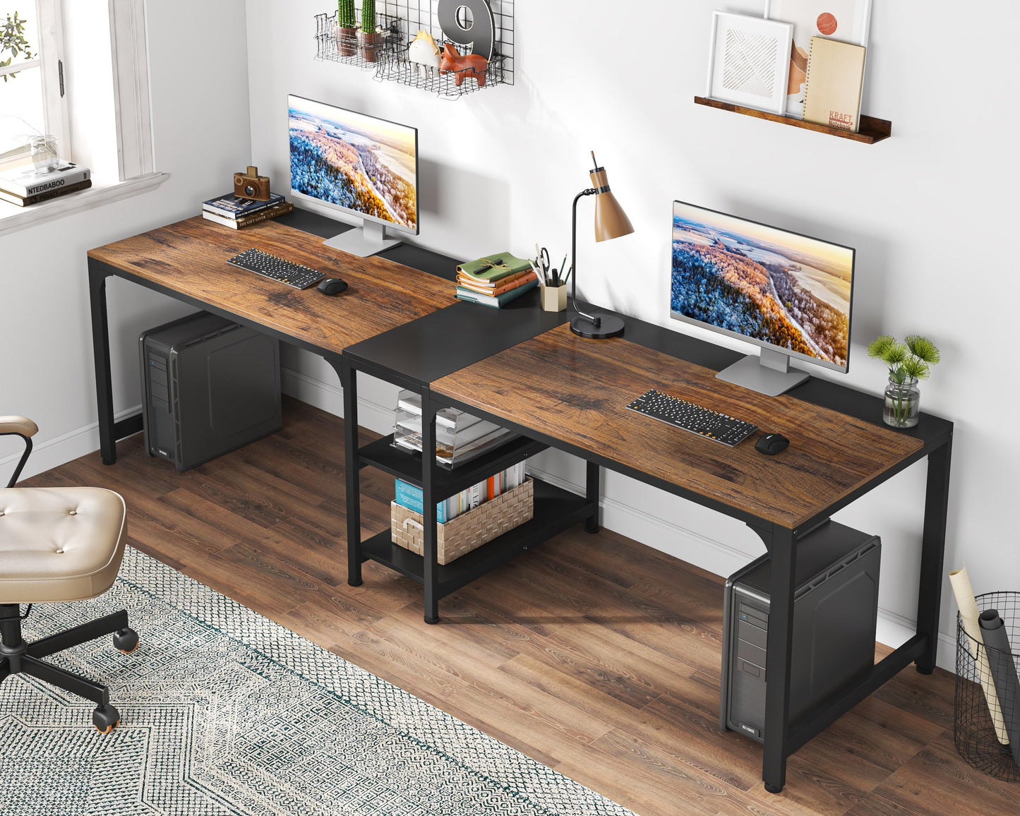 Tribesigns 90.55'' 2 Person Desk with Storage Shelves, Double Computer Desk with Spacious Desktop, Extra Long Study Writing Table Workstation for Home Office (Black & Brown) - WoodArtSupply