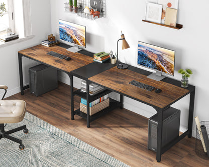 Tribesigns 90.55'' 2 Person Desk with Storage Shelves, Double Computer Desk with Spacious Desktop, Extra Long Study Writing Table Workstation for Home Office (Black & Brown) - WoodArtSupply