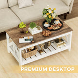 JUMMICO 39” Farmhouse Coffee Table for Living Room, 2-Tier Modern Living Room Table with Storage Shelf, Rustic Rectangular Center Table Space Saving Home Furniture (Rustic Oak & White) JUMMICO