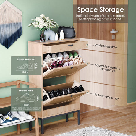 Yechen Shoe Rack Storage Organizer with 2 Natural Semi-Circular Rattan Doors, Entryway Wooden Shoe Cabinet for Sneakers, Leather Shoes, High Heels, Slippers (1 Piece, Oak) Yechen