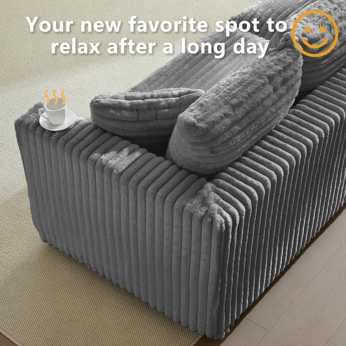 Tabaray 102.4" Oversized Cloud Couch, Convertible 4 Deep Seat Foam Sofa Couch, 2 in 1 Plush Corduroy Sofa with 6 Soft Pillows, Modern Modular Sectional Couches for Living Room, Apartment, Gray Tabaray