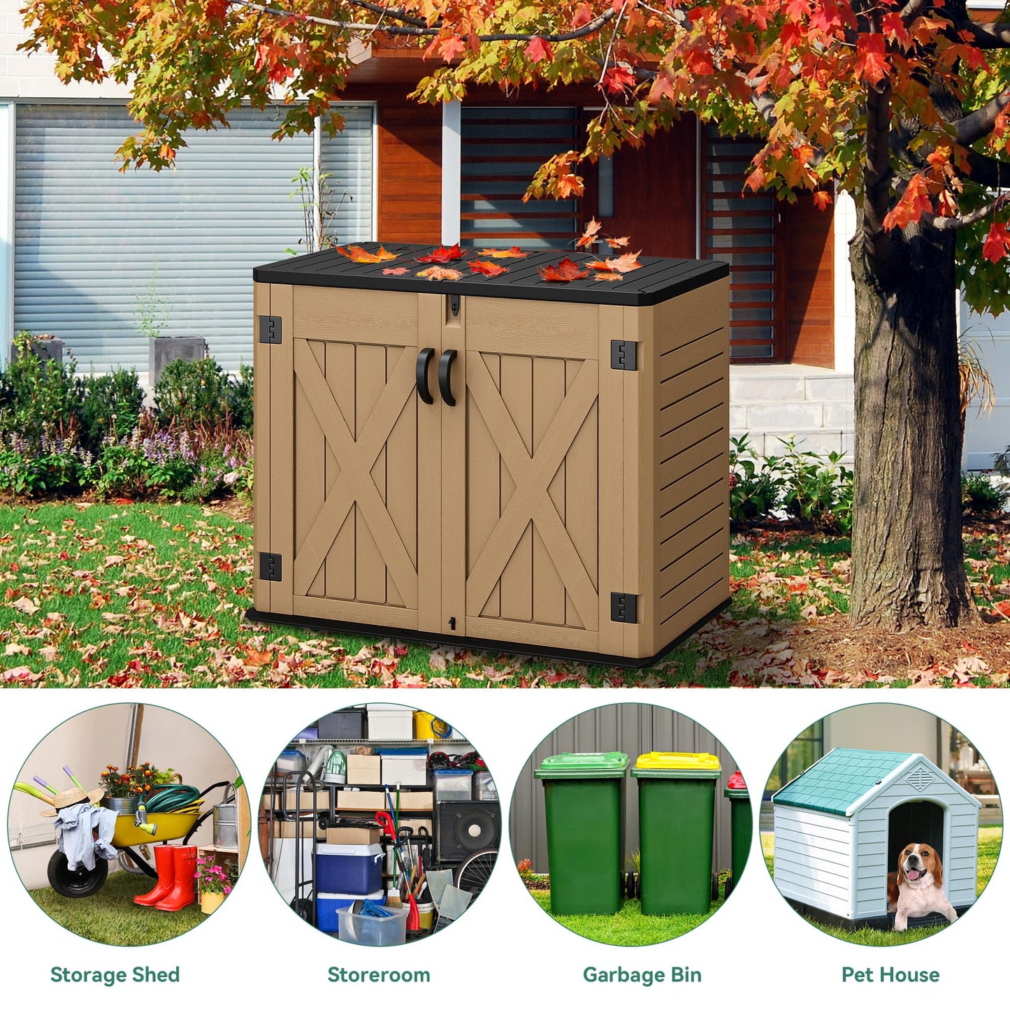 YITAHOME Outdoor Horizontal Storage Shed with X-Shaped Lockable Door, 35 Cu Ft Weather Resistant Resin Tool Shed w/o Shelf, Ideal for Bike, Trash Cans, Garden Tools, Lawn Mowers, Brown - WoodArtSupply