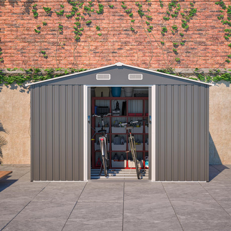 10x8 FT Sheds & Outdoor Storage Garden Metal Shed with Floor Frame Lockable Sliding Door and Air Vents Heavy Duty Shed with Air Vents Waterproof Roof Ideal for Backyard Patio Lawn Dark Gray RocVanc