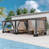 Gotland 10FTx24FT Outdoor Wall-Mounted Hardtop Pergola, Metal Frame Gazebo with Sloping Sun Panel Roof and Double Curtains for Patio, Garden, Lawn, Grey Gotland