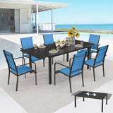 BUPPLEE 38"-84" Extendable Outdoor Dining Table Set for 4-8 Person, Rectangular Outdoor Furniture Adjustable Table & 6pcs Textilene Chairs for Porch,Backyard, Garden, Poolside and Deck-7 Piece Blue BUPPLEE