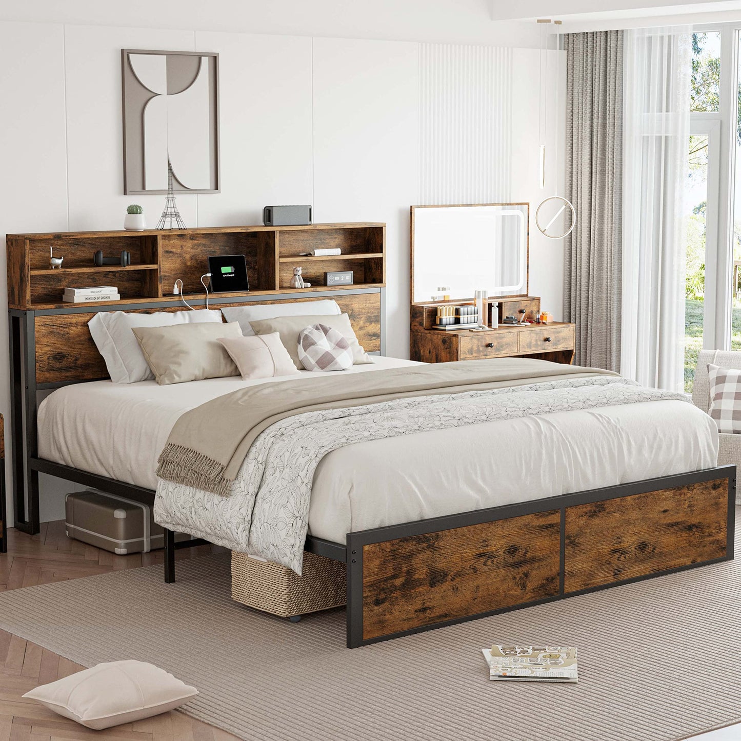 LIKIMIO Vintage Brown Queen Bed Frame with Bookcase Headboard and Charging Station - WoodArtSupply