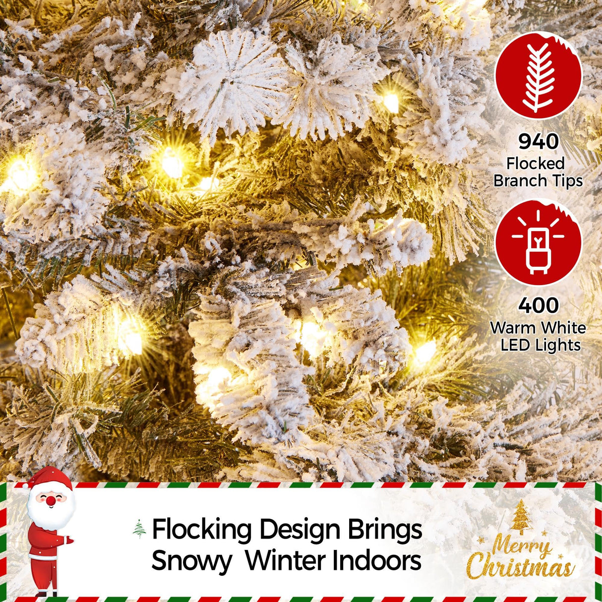 Yaheetech 6ft Pre-Lit Artificial Christmas Tree with 400 Warm White LED Lights & 940 PVC Tips,Hinged Snow Flocked Xmas Tree with Foldable Stand & Protective Sheet,Green & White Yaheetech