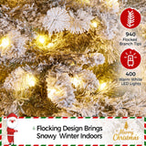 Yaheetech 6ft Pre-Lit Artificial Christmas Tree with 400 Warm White LED Lights & 940 PVC Tips,Hinged Snow Flocked Xmas Tree with Foldable Stand & Protective Sheet,Green & White Yaheetech