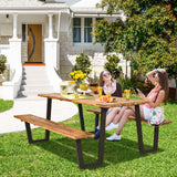 Tangkula Wooden Picnic Table, Outdoor Acacia Wood Picnic Table with 2 Built-in Benches, Umbrella Hole, Steel Frame, Outside Table and Bench Set for Garden, Backyard, Porch, Patio Tangkula