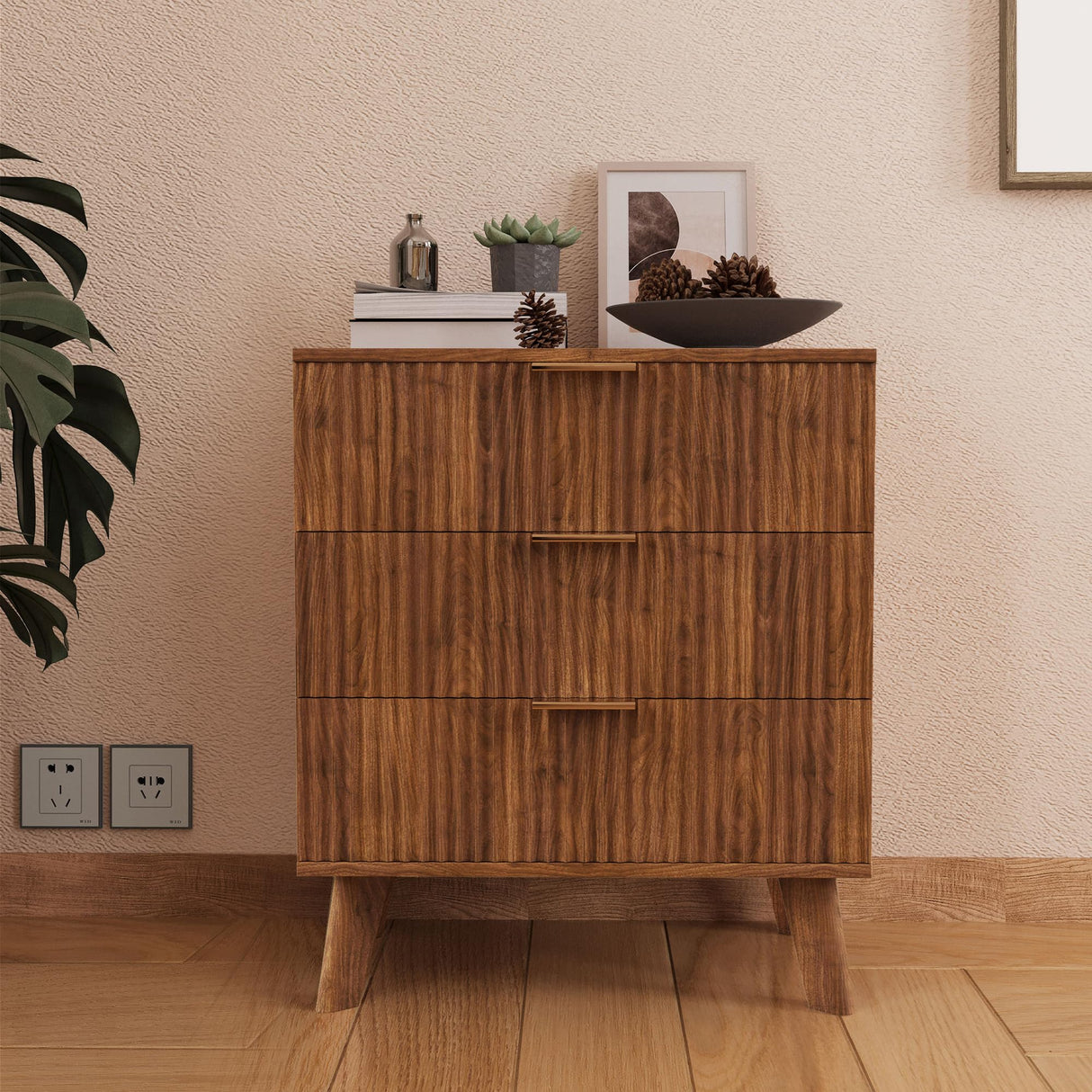 XUZENEST Fluted 3 Drawer Dressers, Modern Closet Dressers Chest of Drawers, Wood Storage Dresser Chest of Drawers Organizer for Bedroom Living Room Hallway Closet(Walnut) XUZENEST
