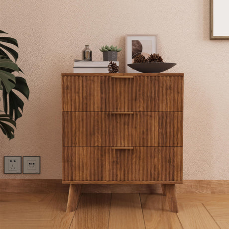 XUZENEST Fluted 3 Drawer Dressers, Modern Closet Dressers Chest of Drawers, Wood Storage Dresser Chest of Drawers Organizer for Bedroom Living Room Hallway Closet(Walnut) XUZENEST