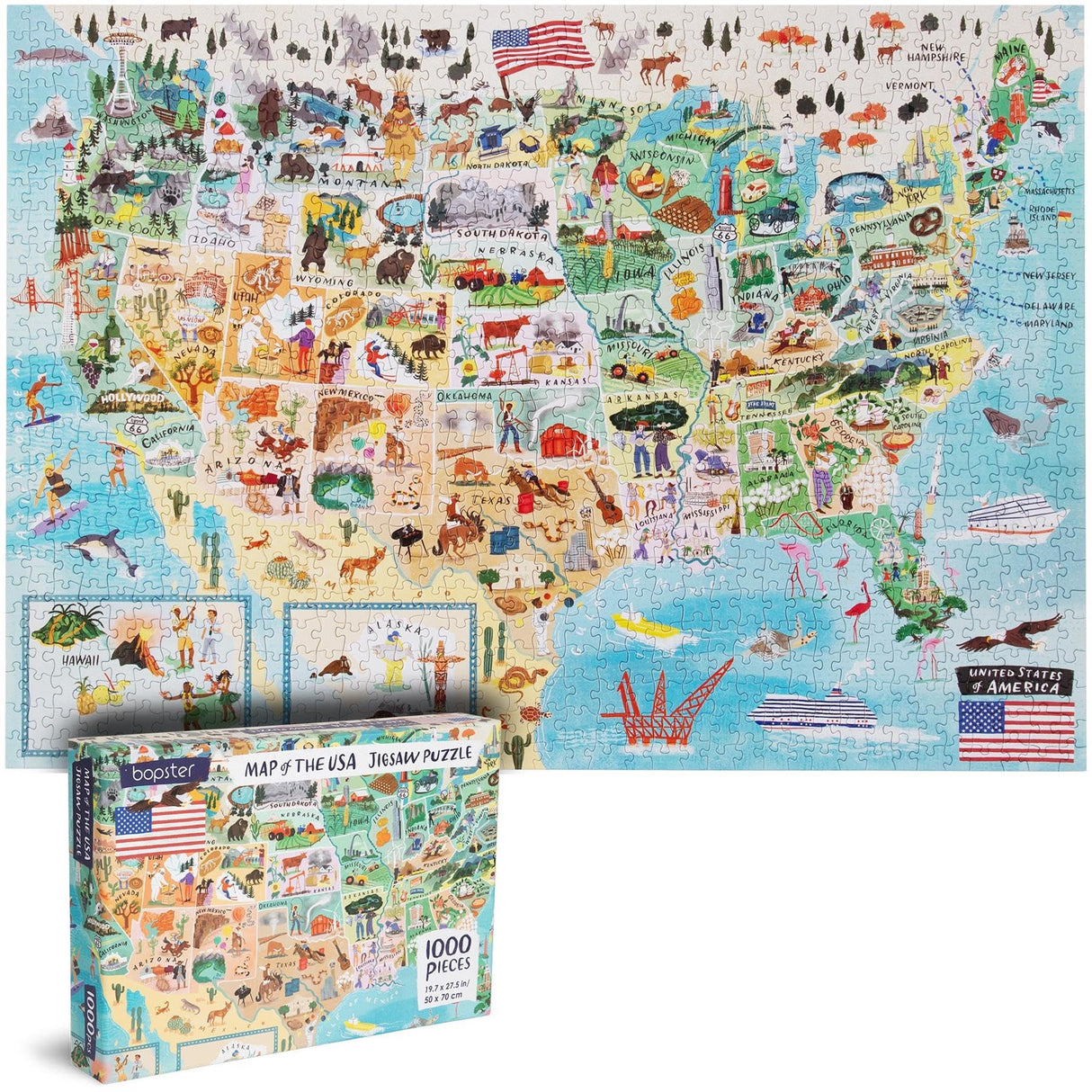 Puzzles for Adults 1000 Pieces - Illustrated US Map Puzzle - United States USA 1000 Piece Puzzle for Adults and Kids Puzzles - 100% Recycled Cardboard by bopster Bopster