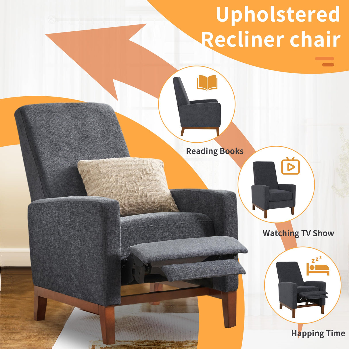 QKFF Push Back Recliner Chair, Adjustable Modern Reclining Chair with Solid Wood Legs Thick Seat Cushion and Backrest Small Recliners for Small Spaces Living Room QKFF