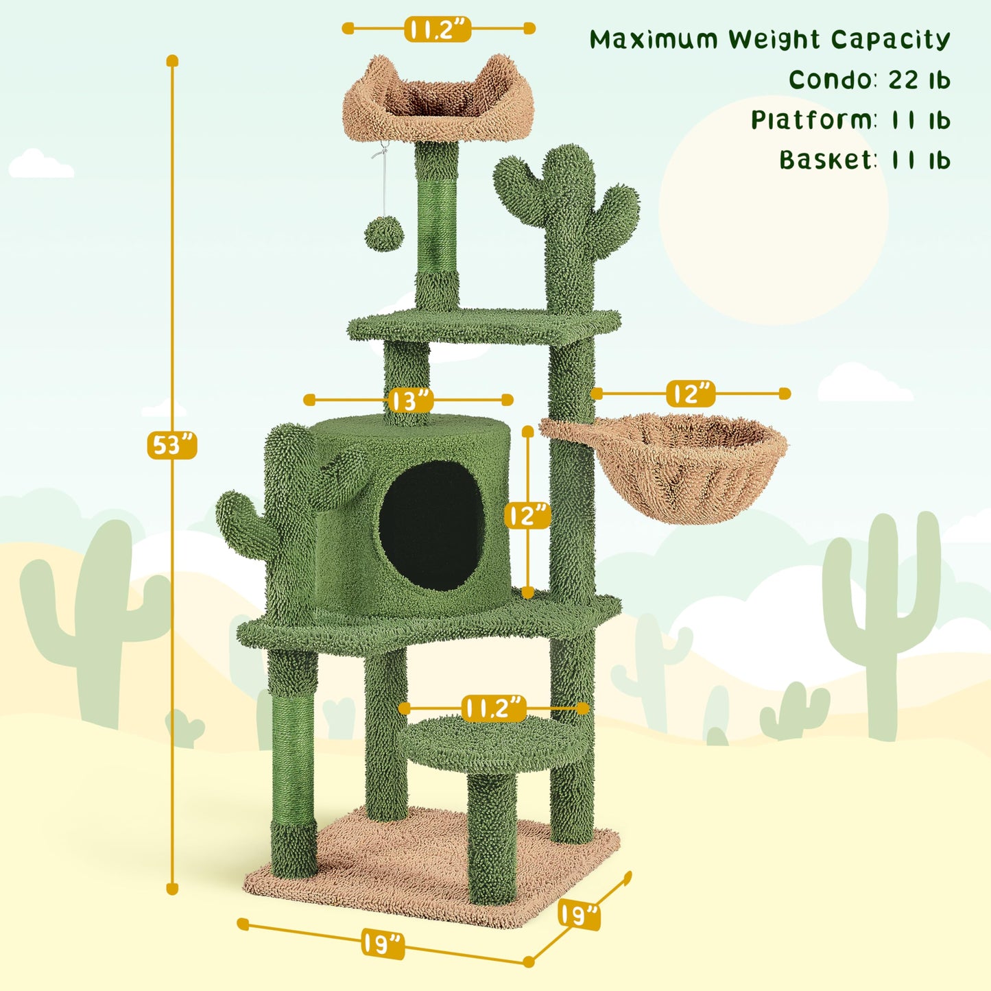 Yaheetech Cactus Cat Tree, 53.5in Cat Tower for Indoor Cats with Sisal Covered Scratching Post, Condo, Plush Perches and Fluffy Balls, Multi-Level Cat Climbing Tree Play House Activity Center, Green