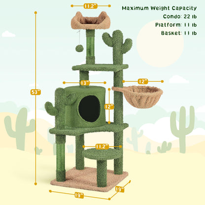 Yaheetech Cactus Cat Tree, 53.5in Cat Tower for Indoor Cats with Sisal Covered Scratching Post, Condo, Plush Perches and Fluffy Balls, Multi-Level Cat Climbing Tree Play House Activity Center, Green