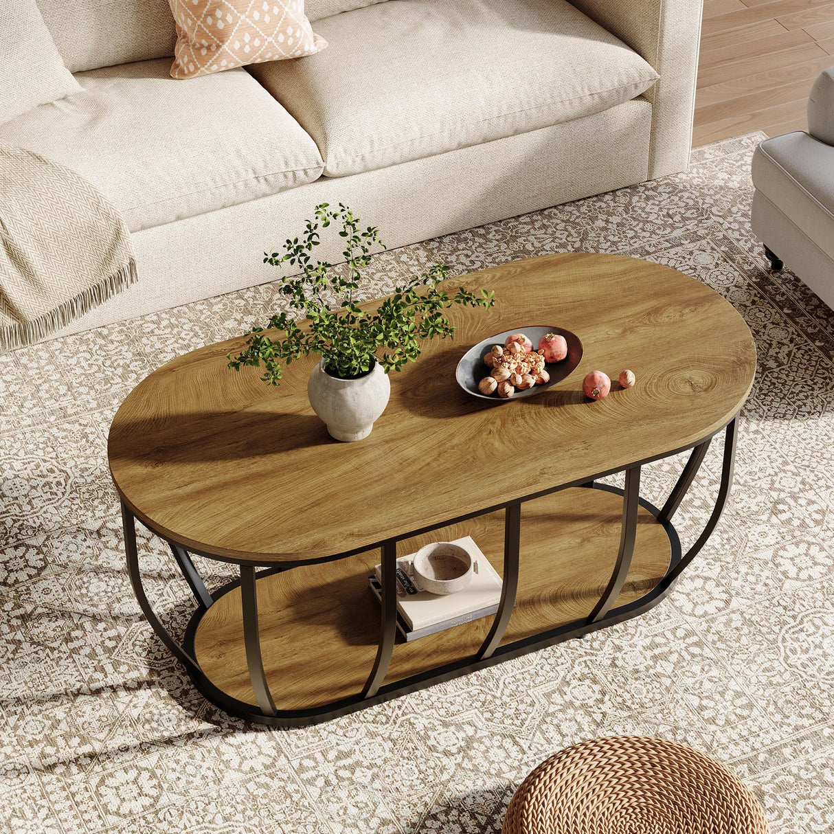 Tribesigns Oval Industrial Coffee Table with 2-Tier Storage, 47.2" Modern Wooden Center Cocktail Table with Curved Metal Base for Living Room, Home Office, Easy Assembly, Rustic Brown Tribesigns