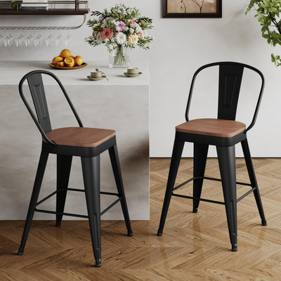 Andeworld Metal Bar Stools Set of 2, 24 inch Counter Height Barstools with Backs Farmhouse Modern High Back Bar Stools with Larger Seat Kitchen Dining Bar Chairs,Matte Black