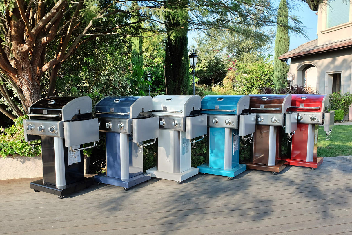 Kenmore 3-Burner Propane BBQ Grill, 30,000 BTUs Gas Grill with Cast Iron Cooking Grates, Folding Side Tables & Wheels, Outdoor Grill with Tool Hooks, Black Kenmore