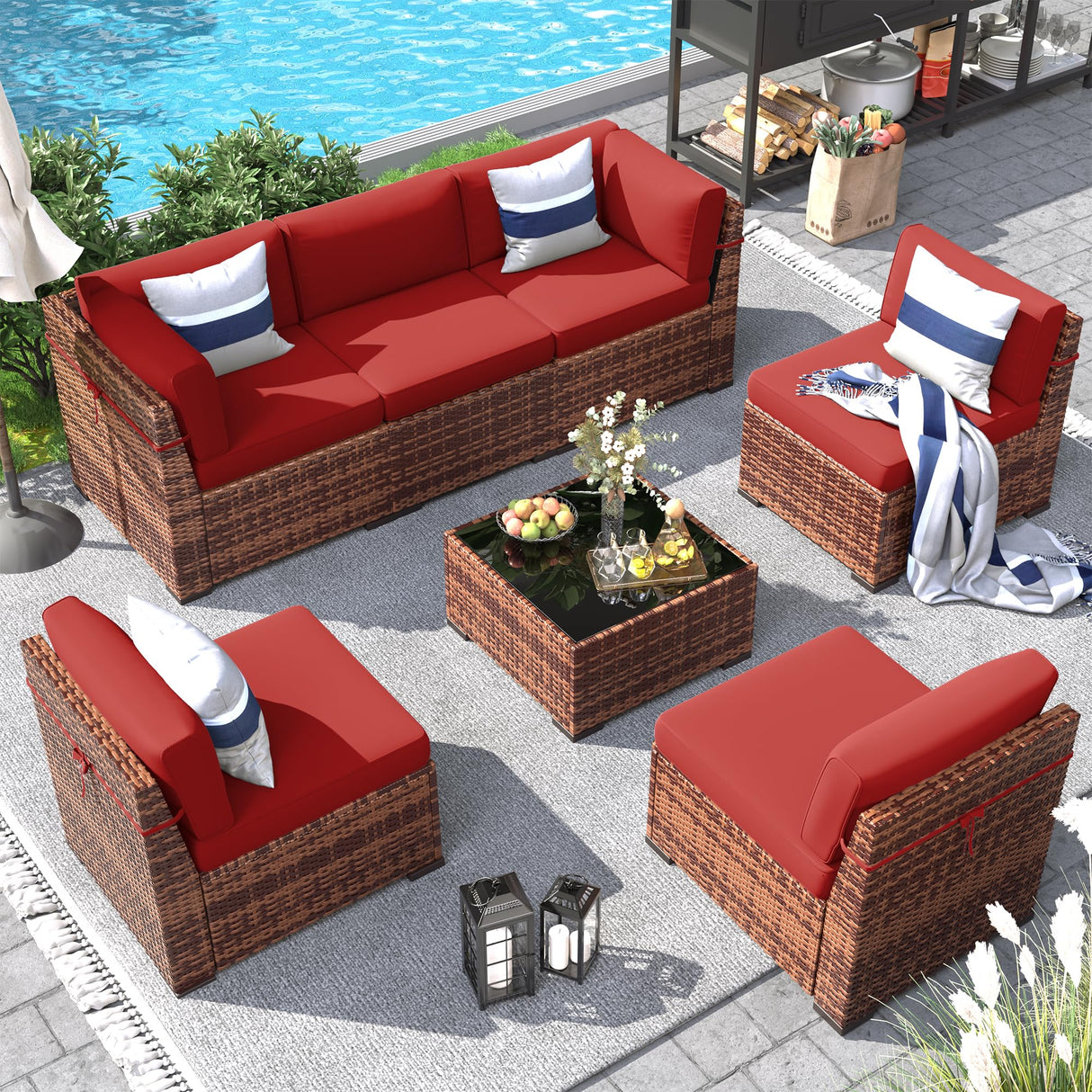 Poteban Patio Furniture Set, 7 Pieces Outdoor Modular Conversation Set Wicker Sectional Sofa for All Weather Rattan Patio Couch for Porch Garden Backyard Balcony Poolside (Red) Poteban