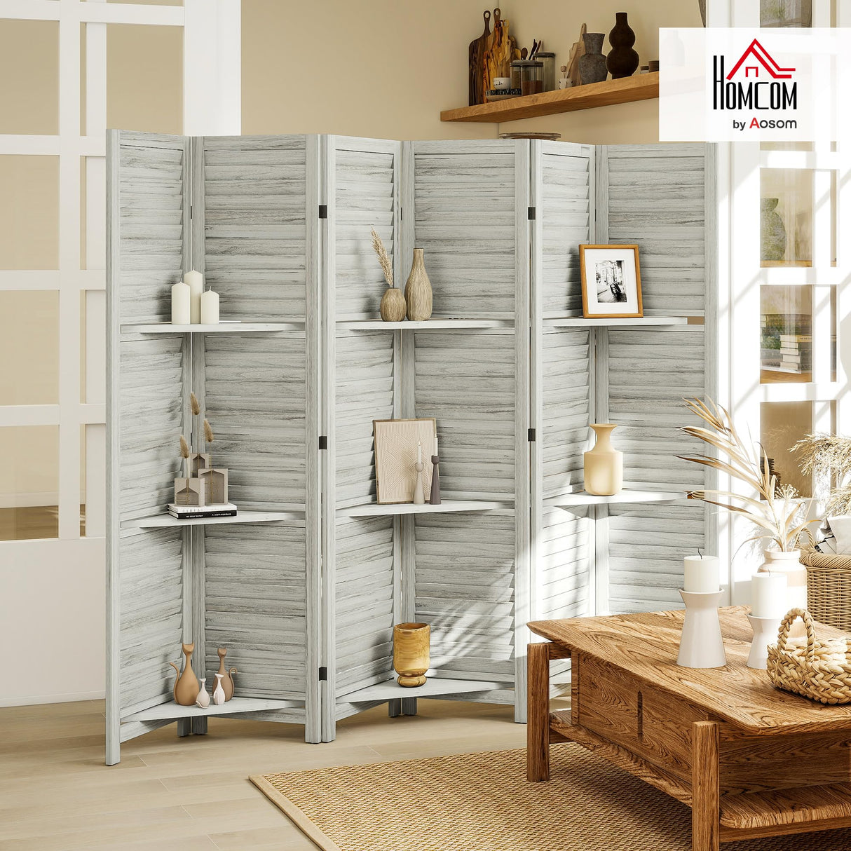 HOMCOM Room Divider, 6 Panel 67" Tall Wood Privacy Screen with 3 Display Shelves, and Folding Storage for Bedroom or Home Office, Distressed White HOMCOM