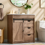 30" Farmhouse Bathroom Vanity with Sink, Bathroom Vanity w/Sliding Barn Door, Modern Bathroom Cabinet w/3 Drawers & Adjustable Shelves, Floor Standing Bathroom Vanity w/Metal Handle, Light Brown Aitjunz