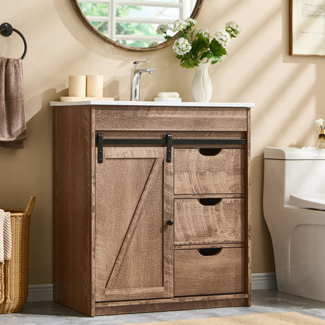 30" Farmhouse Bathroom Vanity with Sink, Bathroom Vanity w/Sliding Barn Door, Modern Bathroom Cabinet w/3 Drawers & Adjustable Shelves, Floor Standing Bathroom Vanity w/Metal Handle, Light Brown Aitjunz