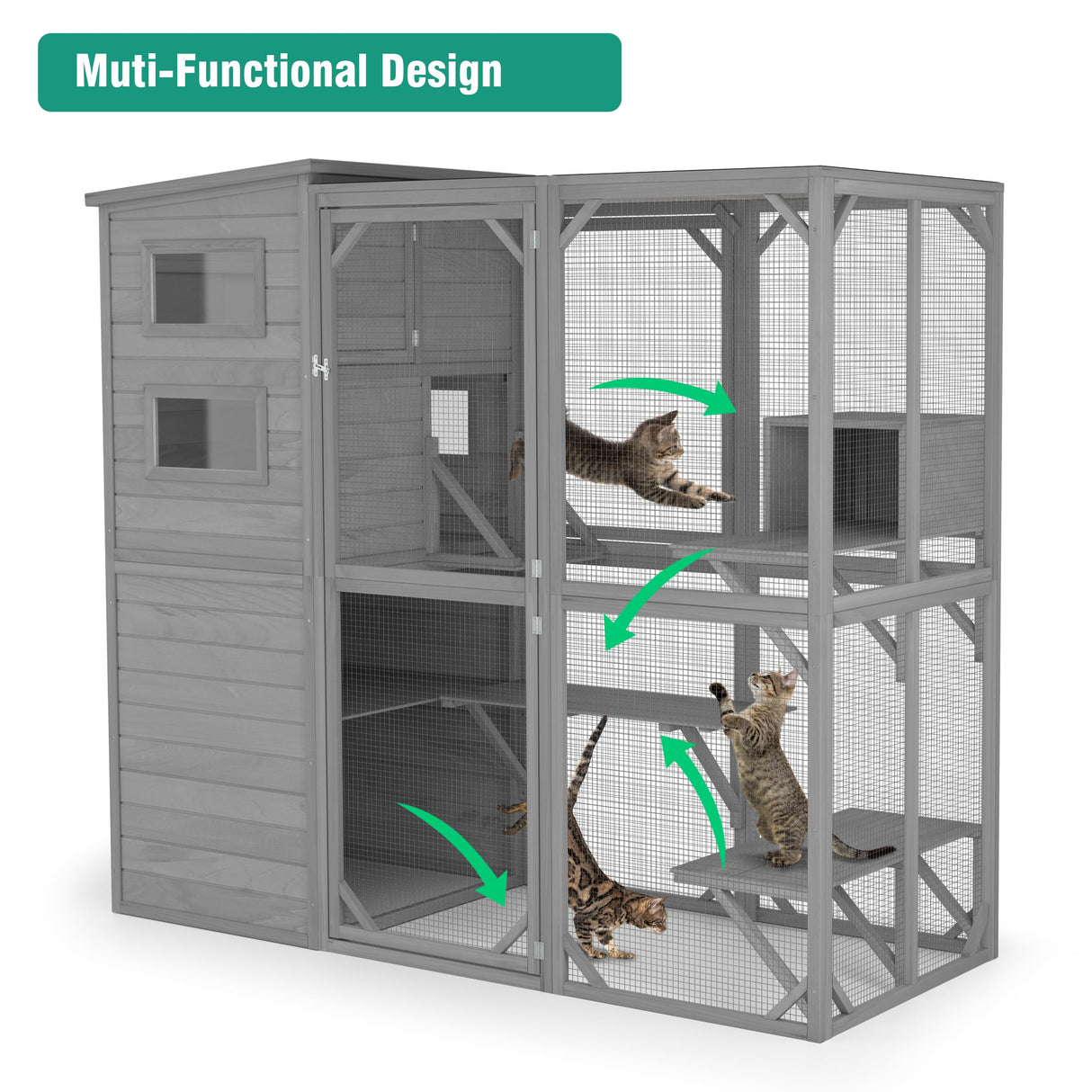 Large Outdoor Cat Catio Enclosure with Weatherproof Roof, Sunshade, and Multiple Play Areas - 4 Tiers, 1 Resting Rooms, 4 Platforms, 5 Windows - 75.6" L x 32.3" W x 70" H GRTRE