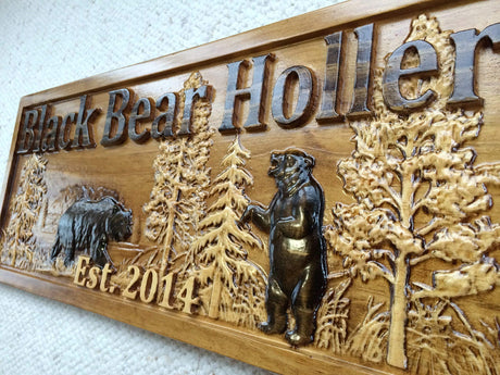 Personalized Wood Sign Custom Carved Cabin Gift Man Cave Wedding Family Last Name Camp Lake House Décor Woods Black Bear Plaque Last Name Established Sign Custom Wood Sign 3D Camper Sign 3D Woodworker