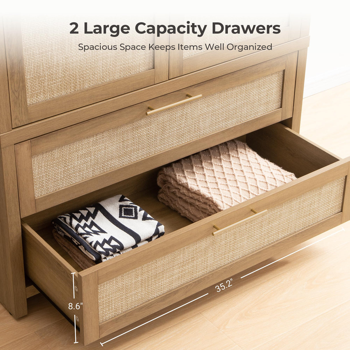 SICOTAS Rattan Armoire Wardrobe Closet Cabinet, 71" Tall Wardrobe Storage Cabinet with Doors, Larger Drawers and Hanging Rod, Boho Armoire Clothes Organizer for Bedroom, Laundry Room, Cloak Room, Oak SICOTAS