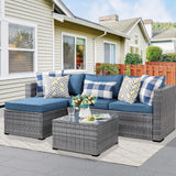 Shintenchi 3 Pieces Patio Furniture Set,All-Weather Rattan Patio Conversation Set,Outdoor Sectional Silver Wicker Patio Couch with Washable Cushions and Glass Coffee Table(Navy Blue) Shintenchi