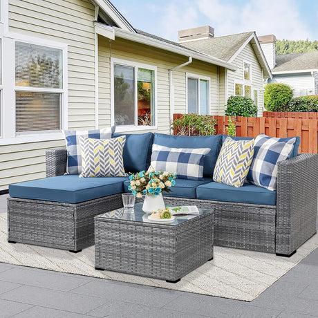 Shintenchi 3 Pieces Patio Furniture Set,All-Weather Rattan Patio Conversation Set,Outdoor Sectional Silver Wicker Patio Couch with Washable Cushions and Glass Coffee Table(Navy Blue) Shintenchi