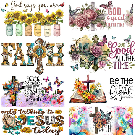 Jesus Faith UV Transfer Sticker 8 Sheet Waterproof 3D Cup Wraps Stickers for 16OZ Glass Mug Rub On Transfer Furniture Craft DIY Crafts AMONEYLS
