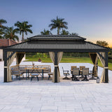 YITAHOME 12x20ft Gazebo Hardtop Canopy Heavy Duty Double Roof Outdoor w/Nettings and Curtains, Upgraded Aluminum Column Galvanized Steel Vertical Stripes Roof for Patio, Backyard, Deck, Lawns, Brown YITAHOME