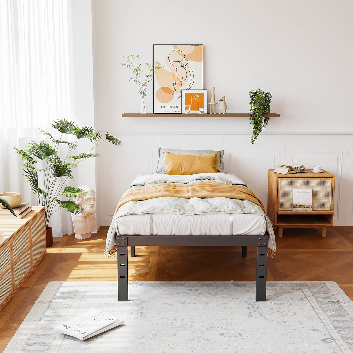 ZIYOO Twin Bed Frame 18 Inches Tall 3 Inches Wide Wood Slats with 2500 Pounds Support, No Box Spring Needed for Foam Mattress, Underbed Storage Space, Easy Assembly, Noise Free ZIYOO