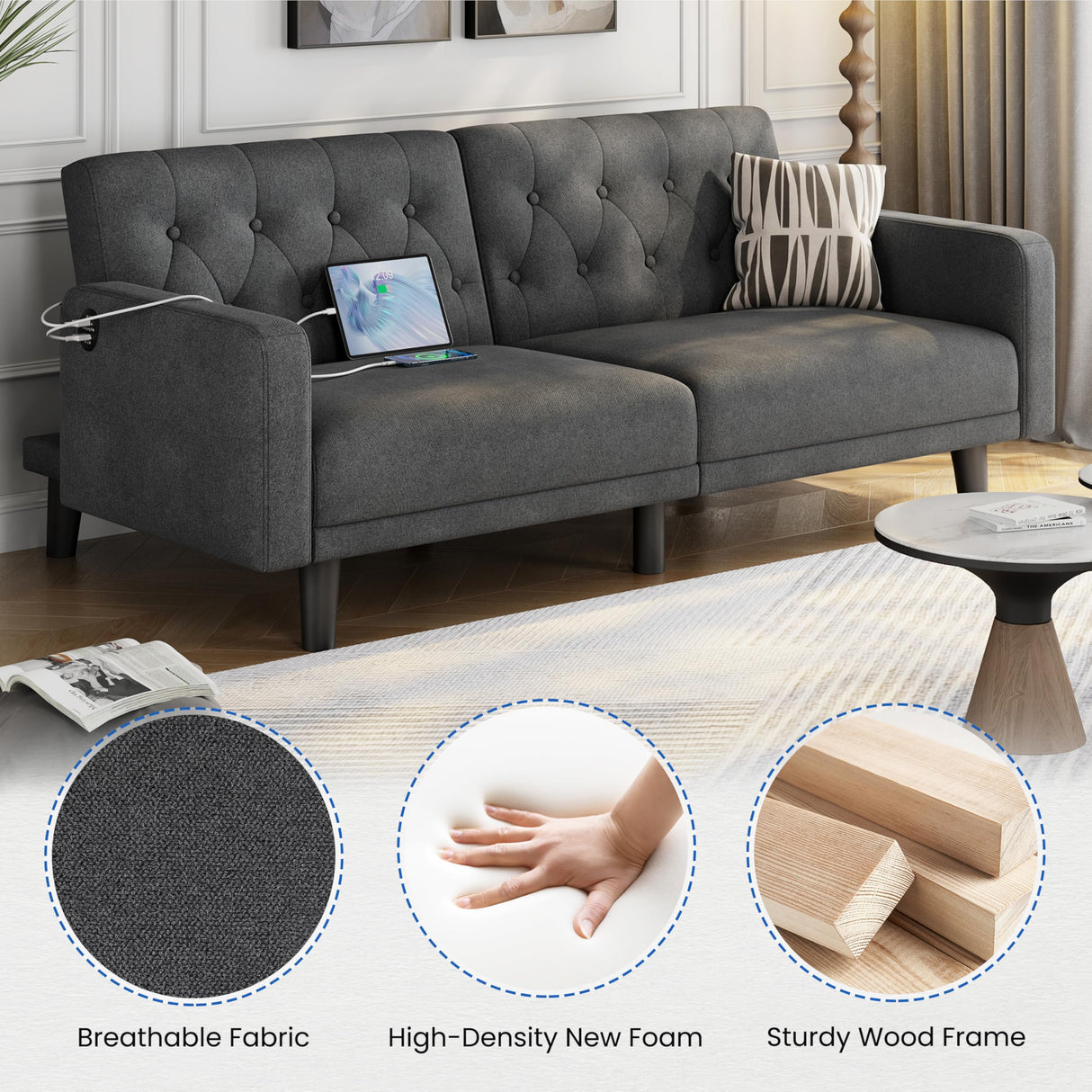 Yaheetech 63" Convertible Couch Small Futon Sofa Bed with 2 USB Ports, Reclining Backrest & Removable Armrests, Mid Century Modern Loveseat for Living Room, Apartment, Office, Dark Gray Yaheetech