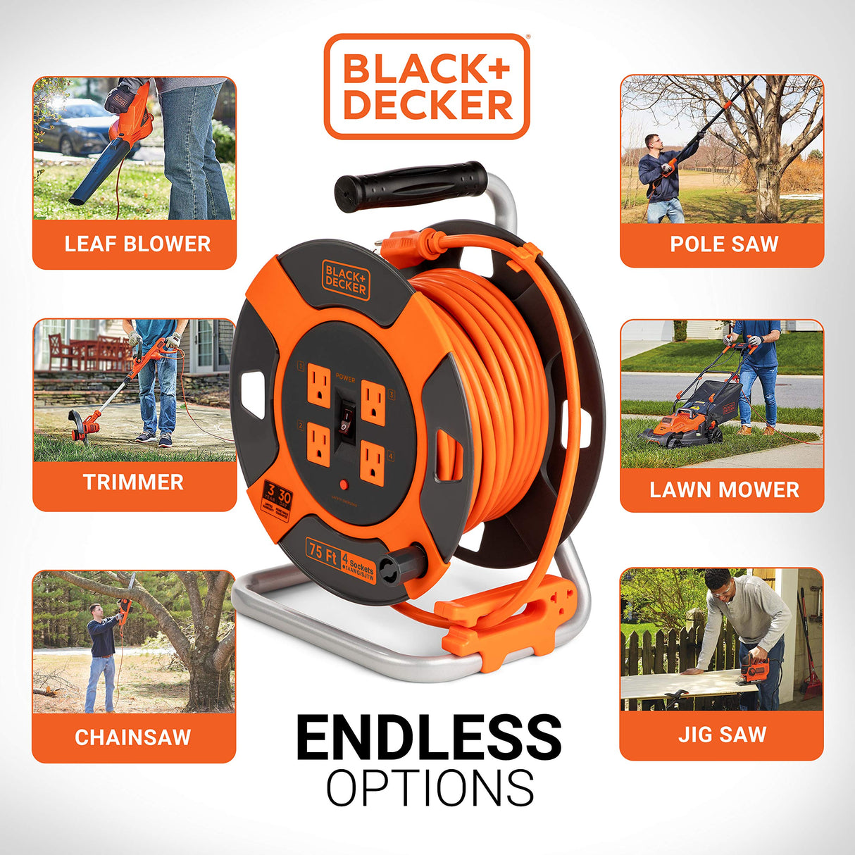 BLACK+DECKER 75 Ft. Retractable Extension Cord Reel With 4 Outlets, Multi-Plug Extension, Easy Handle Rewind & Heavy-Duty 14AWG SJTW Cable Black + Decker