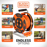 BLACK+DECKER 75 Ft. Retractable Extension Cord Reel With 4 Outlets, Multi-Plug Extension, Easy Handle Rewind & Heavy-Duty 14AWG SJTW Cable Black + Decker