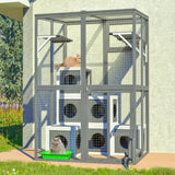 Linkhoo Large Wood Outdoor Catio Cat Enclosure with Weatherproof Roof and Food Bowl, Cat House Cage Playpen w/ 2 Jumping Platforms & 7 Napping Houses, Walk-in Kitty Kennel Indoor Condo Shelter, Grey LINKHOO