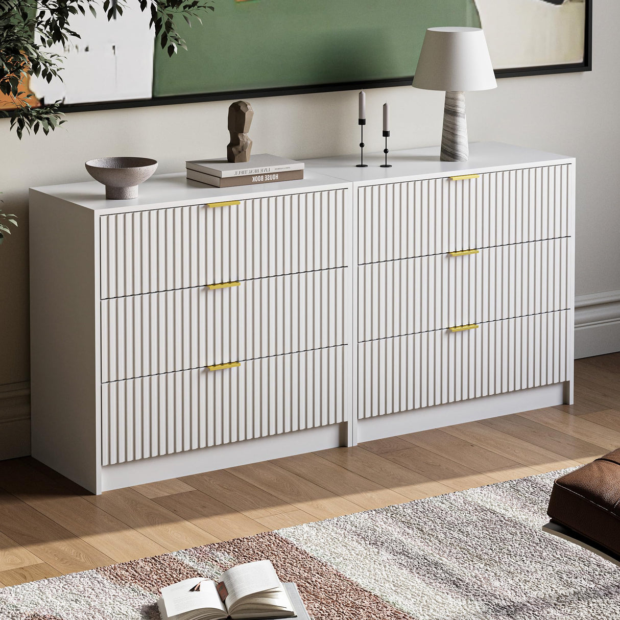 White 4-Piece Large TV Stand with 2 Bookshelves for TVs up to 70”, TV Entertainment Center Media Center with Open Storage, Media Console Table with Display Cabinet for Living Room & Home Theater MAISONARIA