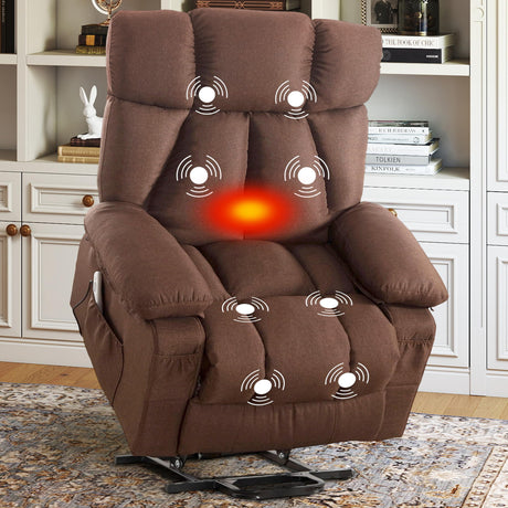 jonpony Power Lift Recliner Chair for Elderly, Lift Chair with Massage and Heat for Living Room, Fabric Electric Recliner Chairs with Side Pockets, USB Charge Port,Brown jonpony