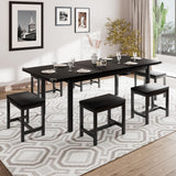 iPormis 7-Piece Dining Table Set with 6 Stools, 63" Extendable Kitchen Table Set for 4-8, Modern Dining Room Table with Sturdy Metal Frame, Space-Saving Dinette, Black iPormis