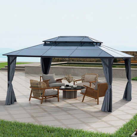 EDWINENE 12 x 16FT Outdoor Hardtop Gazebo,Heavy Duty Double Roof Gazebo,Patio Canopies & Pergolas with Nettings and Curtains,Outside Canopy Tent for Lawn,Garden,Backyard and Deck (Grey) EDWINENE
