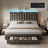 YITAHOME King Size Bed Frame with 3 Storage Drawers and RGB LED Lights, Velvet Upholstered Bed with Charging Station and Storage Headboard, No Box Spring Needed, Easy Assembly, Noise-Free, Grey YITAHOME