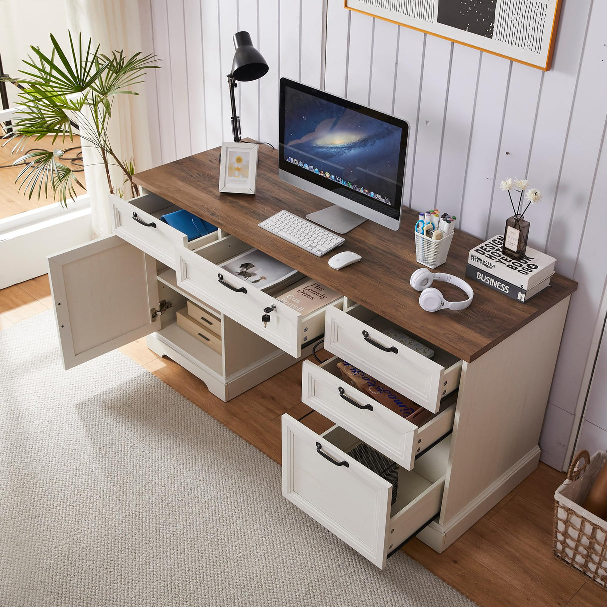 boknight 60" Farmhouse Executive Desk with Lock,Home Office Desk with Charging Station,Executive Desk with 4 Drawers & 1 Cabinet&1 File Cabinet for Office and Home boknight